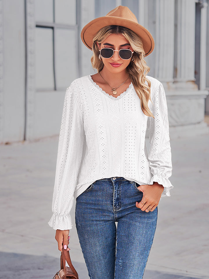 Eyelet V-Neck Flounce Sleeve Blouse BLUE ZONE PLANET