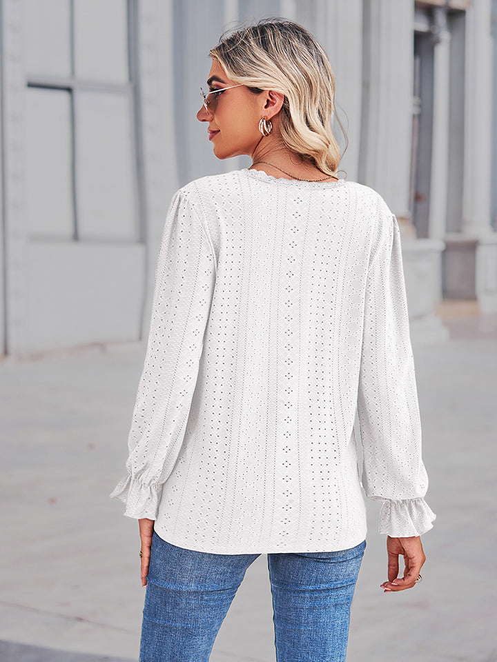 Eyelet V-Neck Flounce Sleeve Blouse BLUE ZONE PLANET