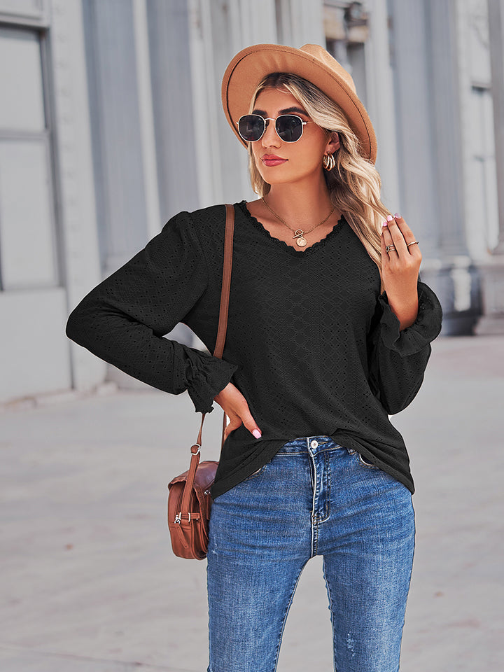 Eyelet V-Neck Flounce Sleeve Blouse BLUE ZONE PLANET