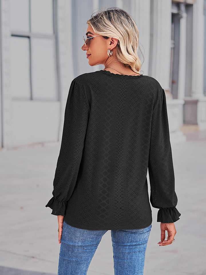 Eyelet V-Neck Flounce Sleeve Blouse BLUE ZONE PLANET