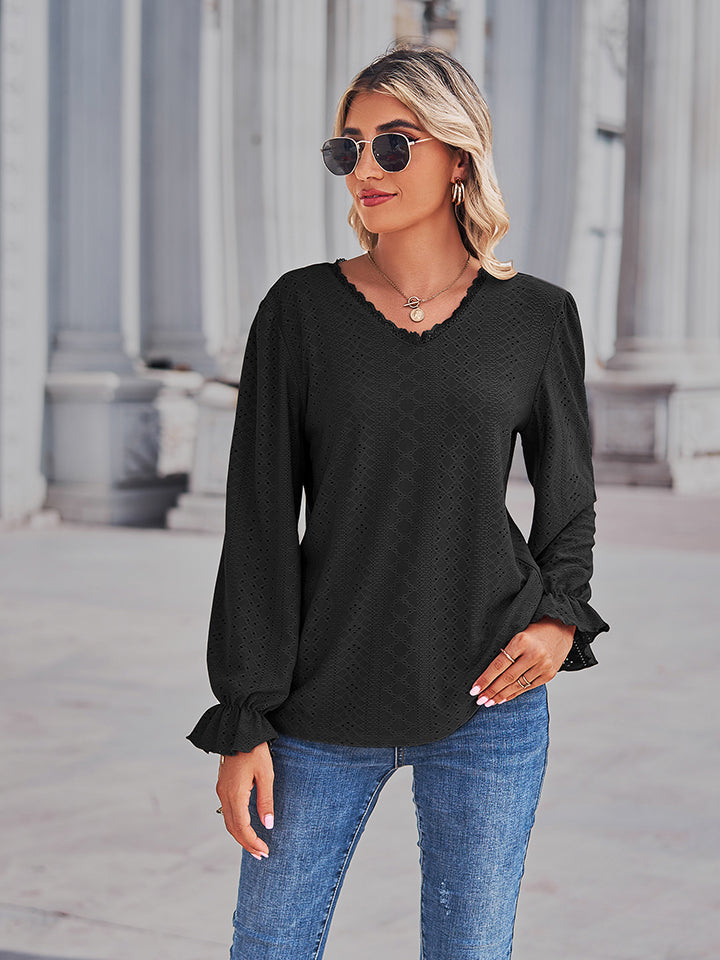 Eyelet V-Neck Flounce Sleeve Blouse BLUE ZONE PLANET