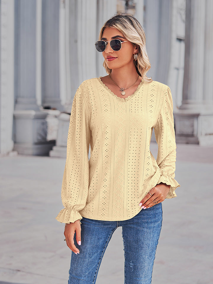 Eyelet V-Neck Flounce Sleeve Blouse BLUE ZONE PLANET