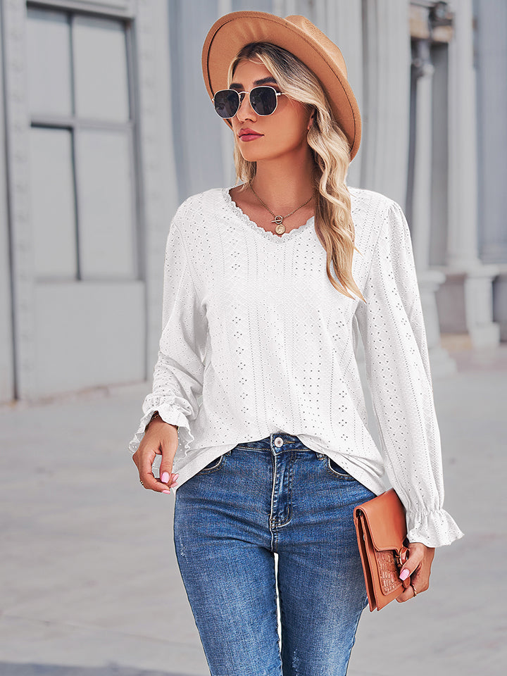 Eyelet V-Neck Flounce Sleeve Blouse BLUE ZONE PLANET