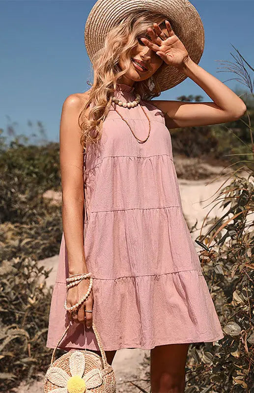 Fashion Loose Solid Color Halter Cotton Linen Dress BLUE ZONE PLANET