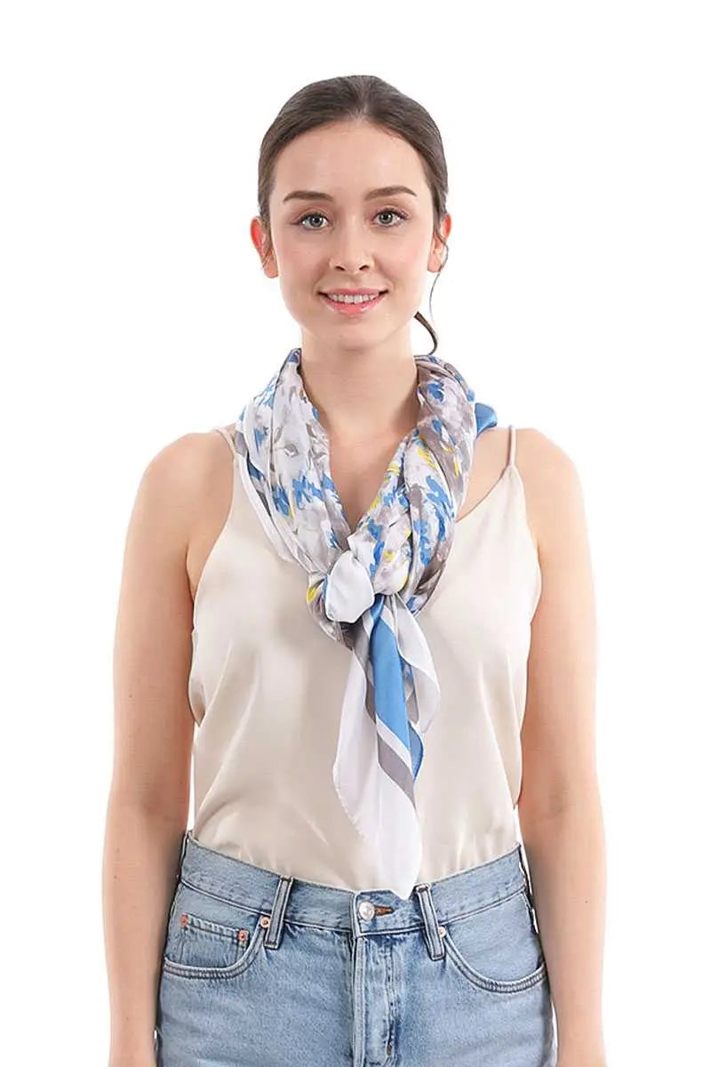 Fashion Small Floral And Stripe Pattern Silky Scarf Blue Zone Planet