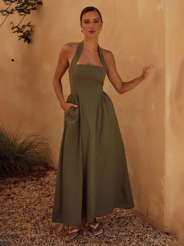 Fashionable Wide Strap Halter Backless Dress kakaclo