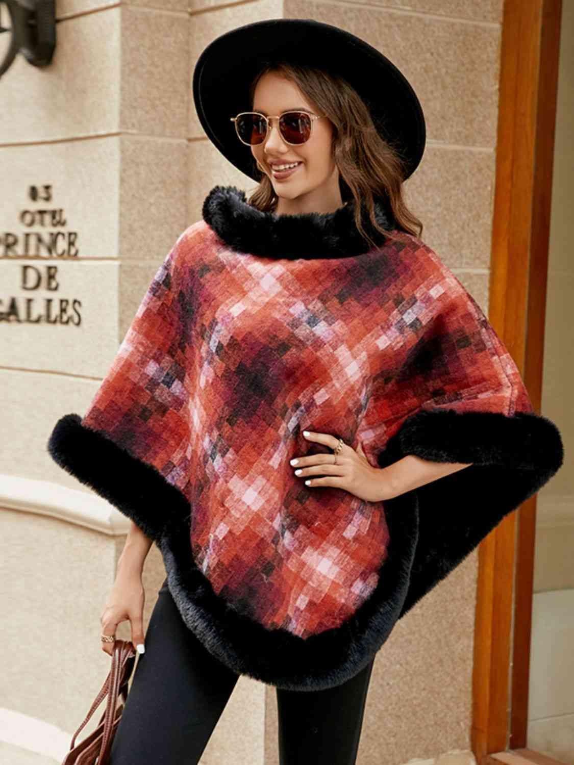 Faux Fur Trim Poncho BLUE ZONE PLANET