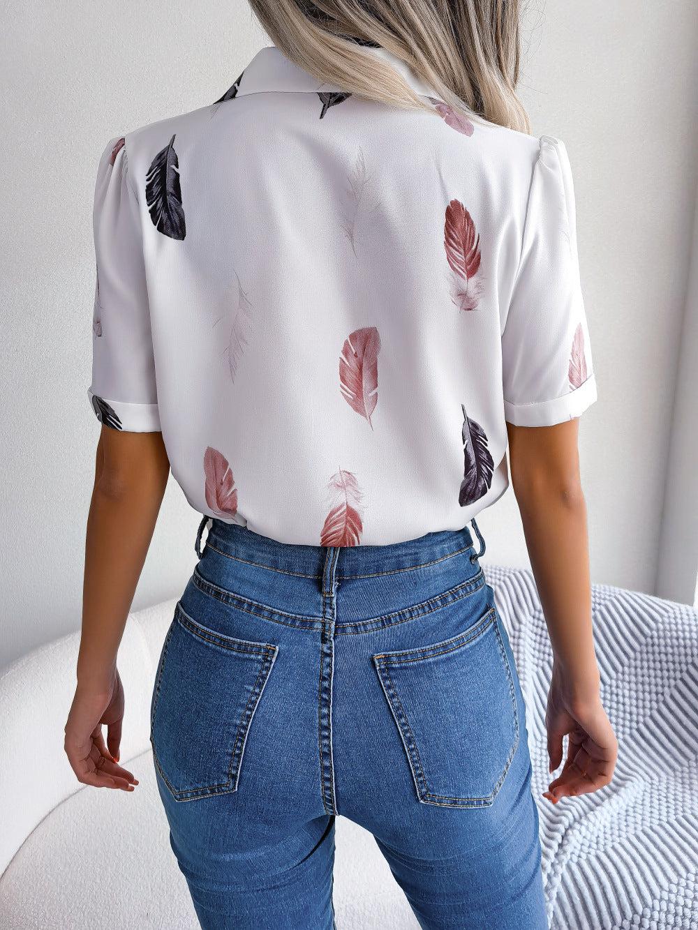 Feather Print Lapel Collar Puff Sleeve Shirt BLUE ZONE PLANET