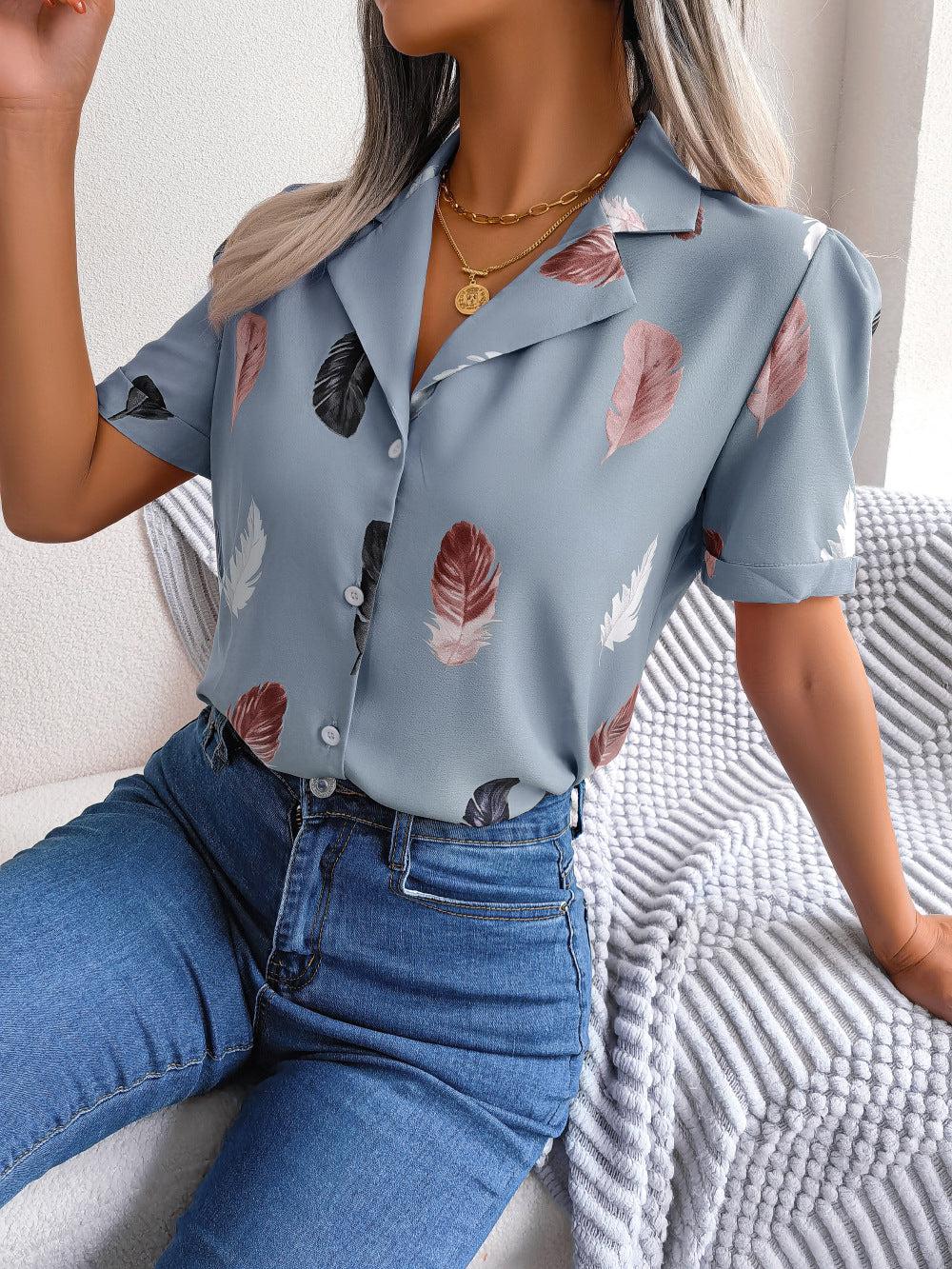 Feather Print Lapel Collar Puff Sleeve Shirt BLUE ZONE PLANET
