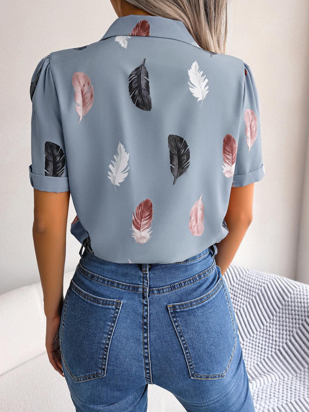Feather Print Lapel Collar Puff Sleeve Shirt BLUE ZONE PLANET