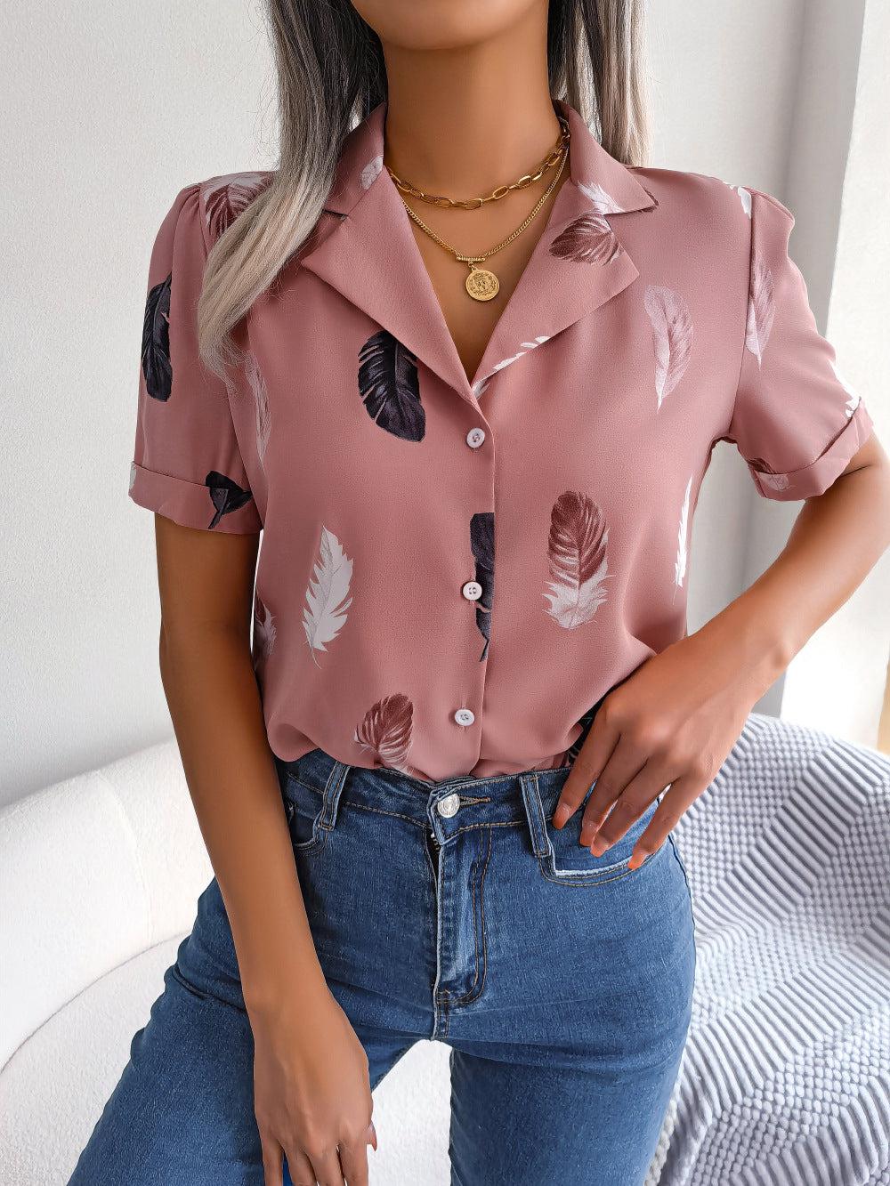 Feather Print Lapel Collar Puff Sleeve Shirt BLUE ZONE PLANET
