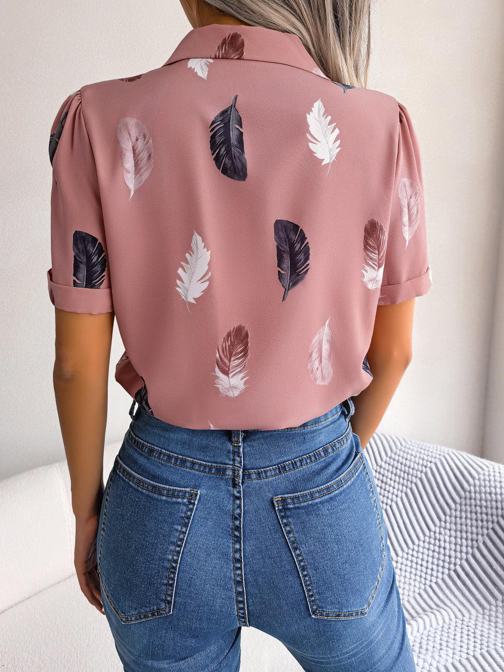 Feather Print Lapel Collar Puff Sleeve Shirt BLUE ZONE PLANET
