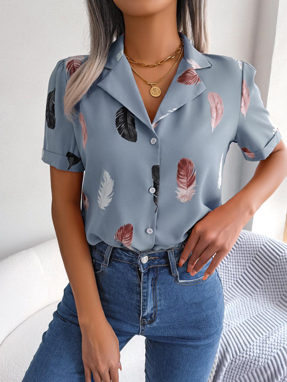 Feather Print Lapel Collar Puff Sleeve Shirt BLUE ZONE PLANET