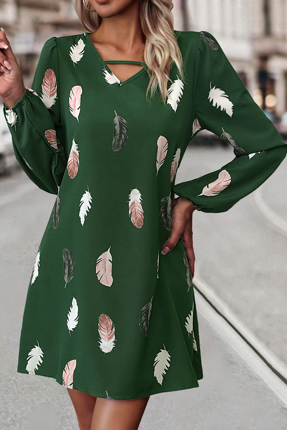 Feather Print V-Neck Dress BLUE ZONE PLANET