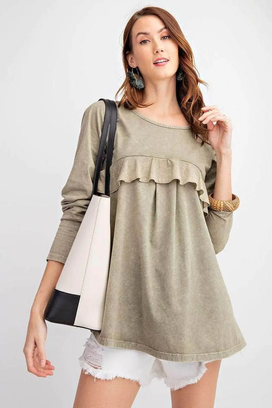 Feeling Free Ruffled Knit Tunic - Faded Olive Blue Zone Planet