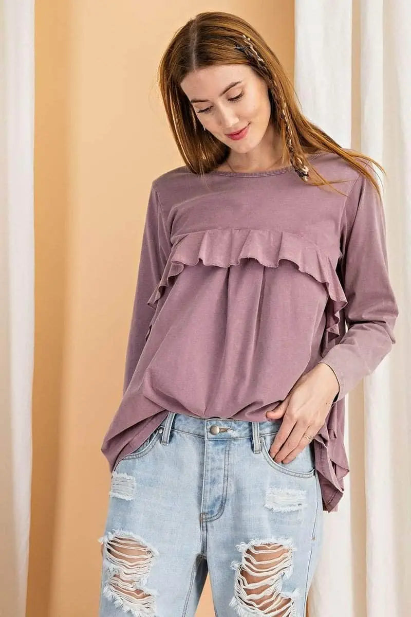 Feeling Free Ruffled Knit Tunic - Mauve Blue Zone Planet