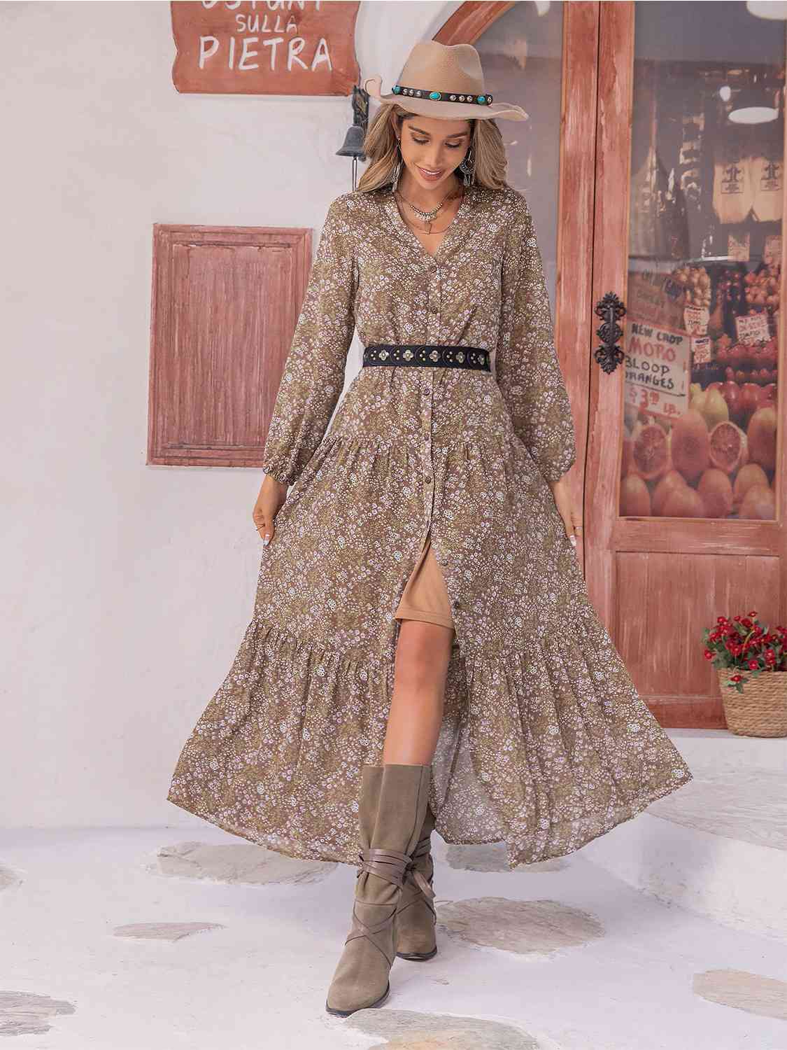 Floral Button Up V-Neck Tiered Dress BLUE ZONE PLANET
