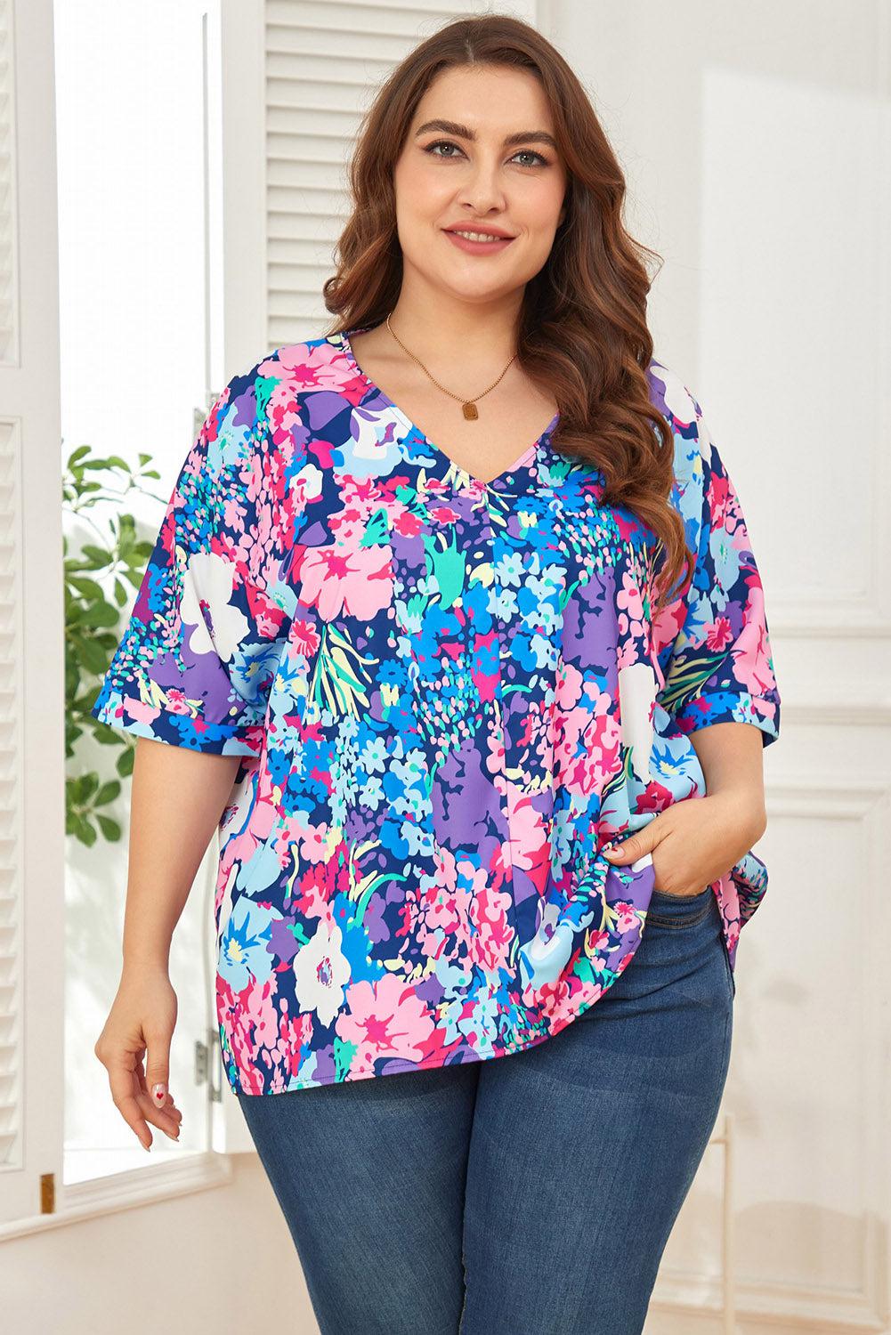 Floral Center Seam V-Neck Blouse BLUE ZONE PLANET