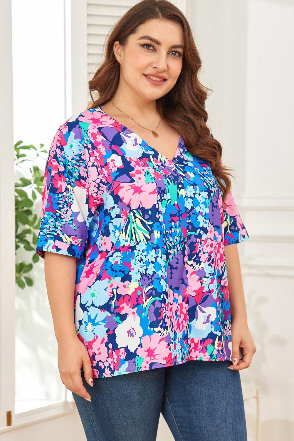 Floral Center Seam V-Neck Blouse BLUE ZONE PLANET