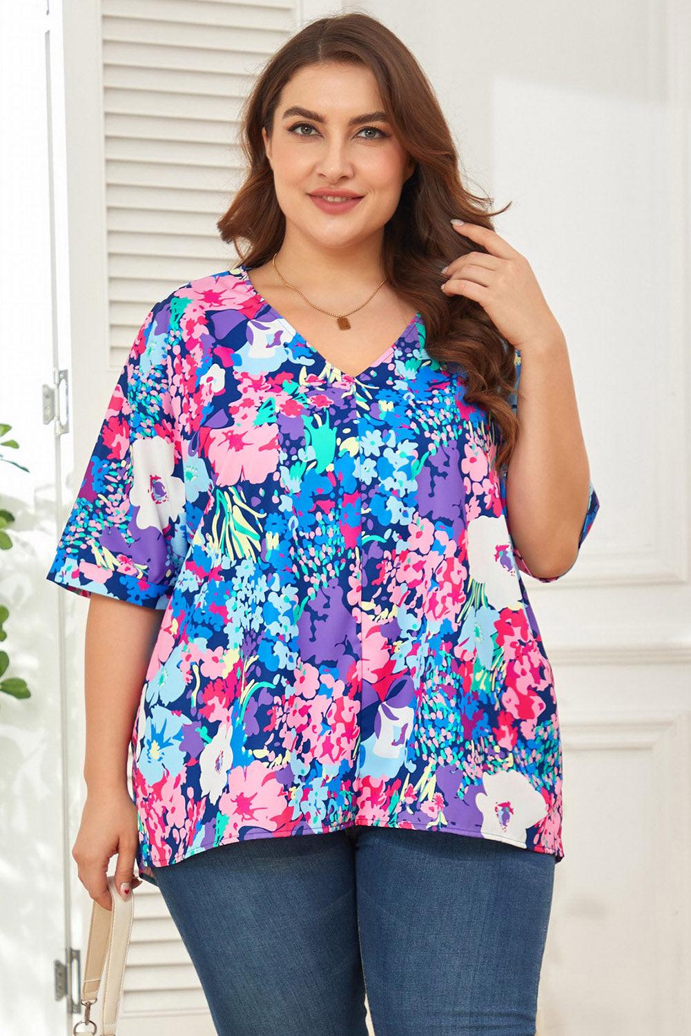 Floral Center Seam V-Neck Blouse BLUE ZONE PLANET