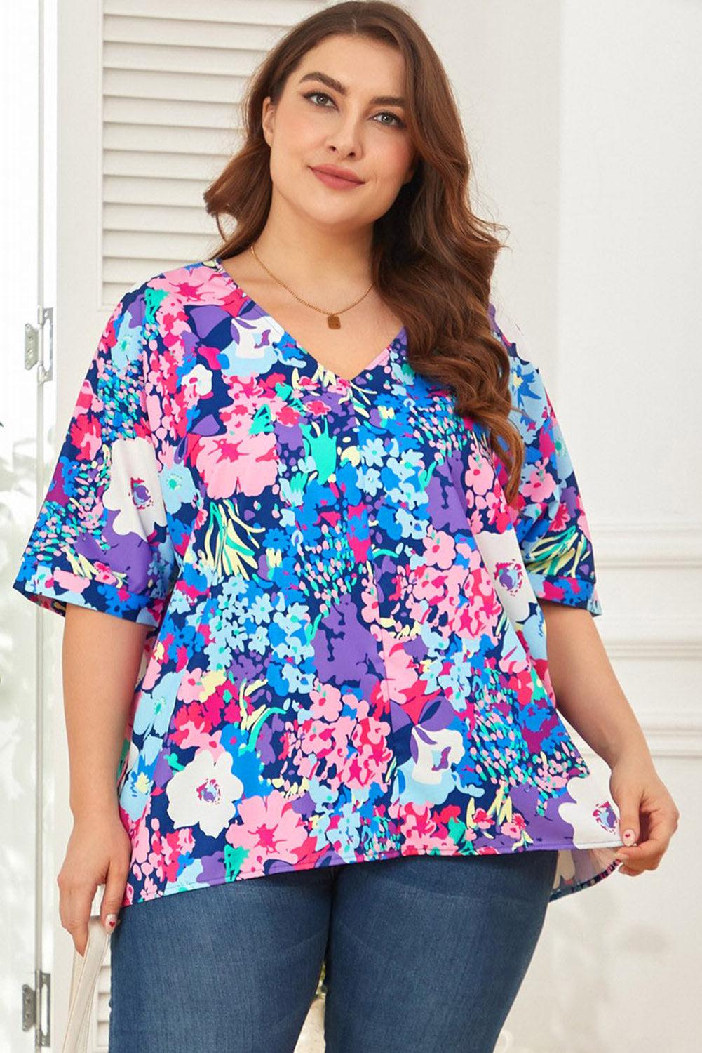 Floral Center Seam V-Neck Blouse BLUE ZONE PLANET