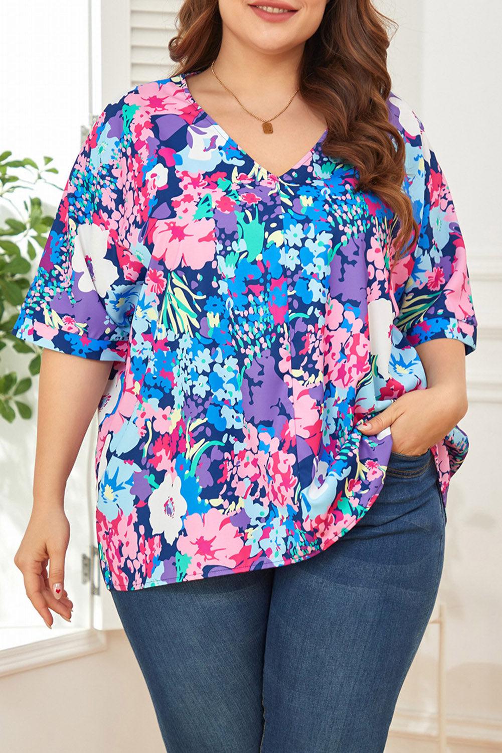 Floral Center Seam V-Neck Blouse BLUE ZONE PLANET