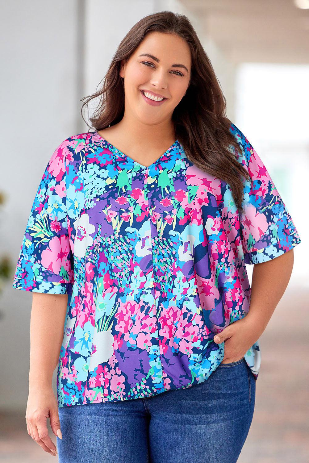 Floral Center Seam V-Neck Blouse BLUE ZONE PLANET
