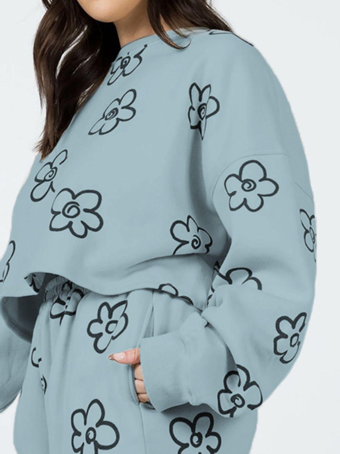 Floral Dropped Shoulder Sweatshirt and Shorts Set BLUE ZONE PLANET