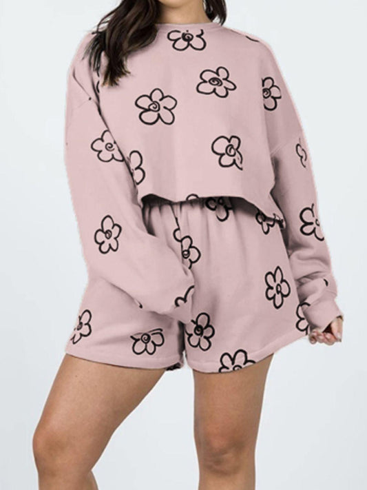 Floral Dropped Shoulder Sweatshirt and Shorts Set BLUE ZONE PLANET