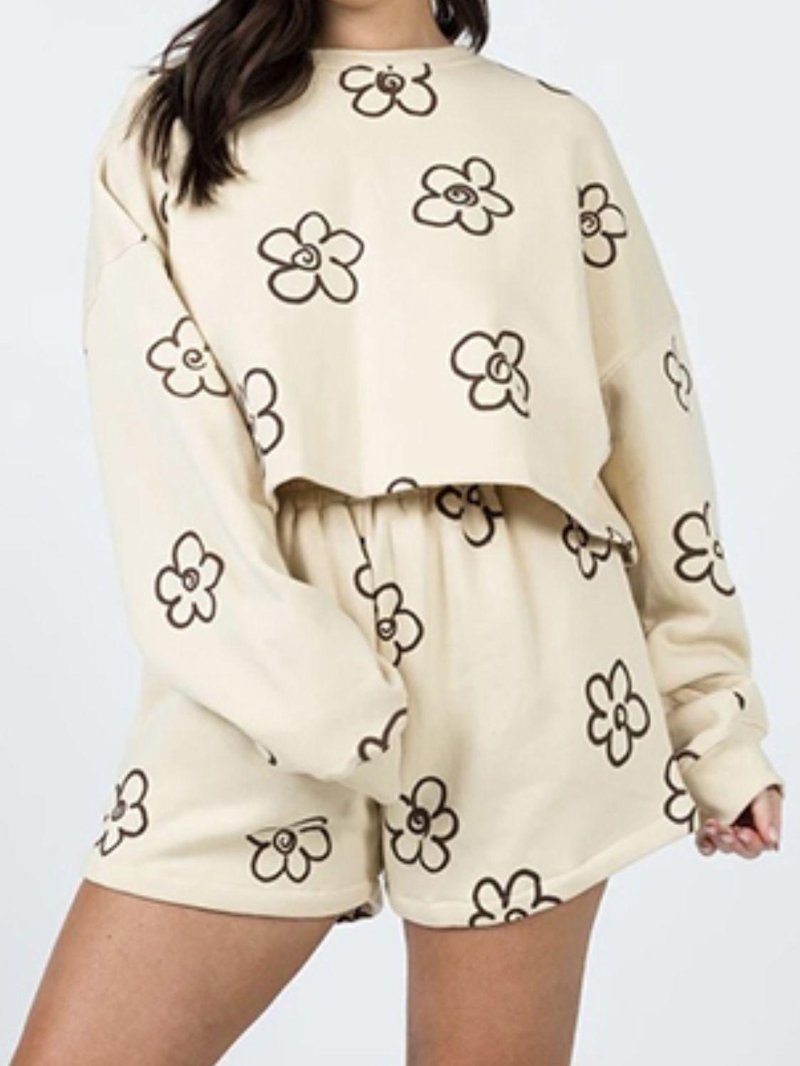 Floral Dropped Shoulder Sweatshirt and Shorts Set BLUE ZONE PLANET