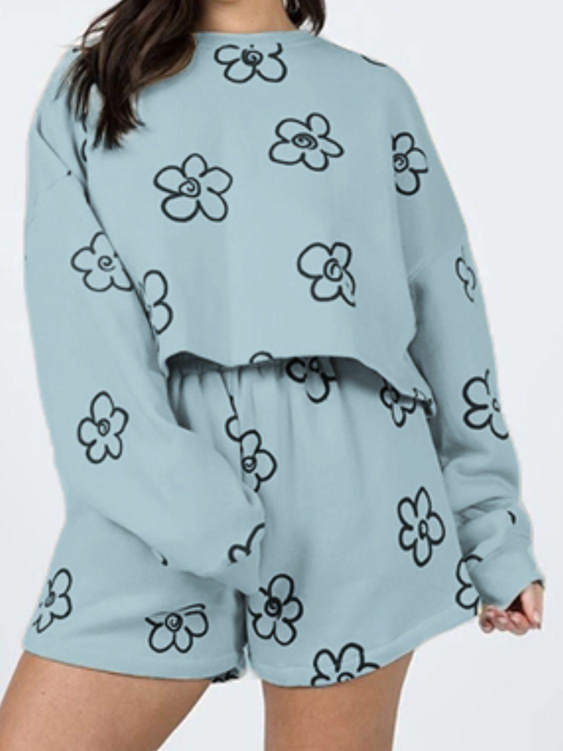 Floral Dropped Shoulder Sweatshirt and Shorts Set BLUE ZONE PLANET