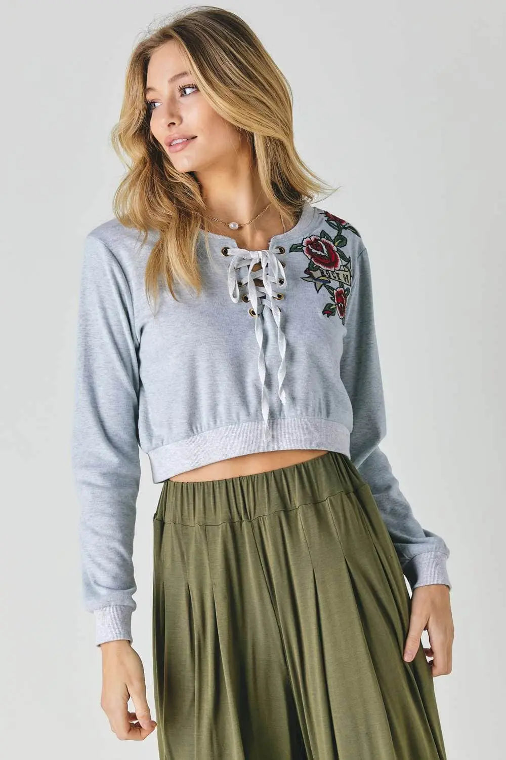 Floral Embroidered Cropped Sweatshirt Blue Zone Planet