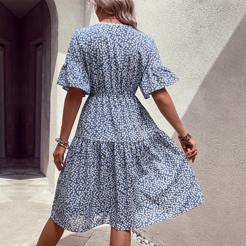 Floral Flounce Sleeve V-Neck Dress BLUE ZONE PLANET