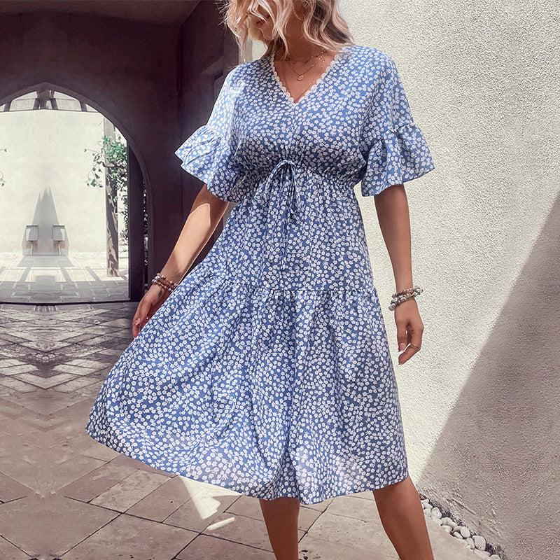 Floral Flounce Sleeve V-Neck Dress BLUE ZONE PLANET