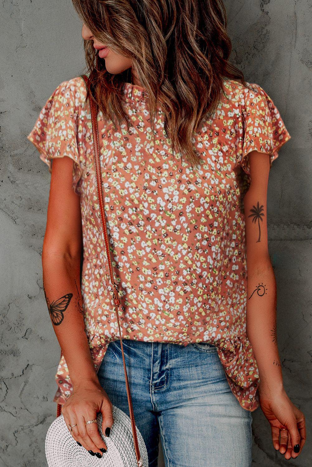 Floral Flutter Sleeve Frill Trim Blouse BLUE ZONE PLANET