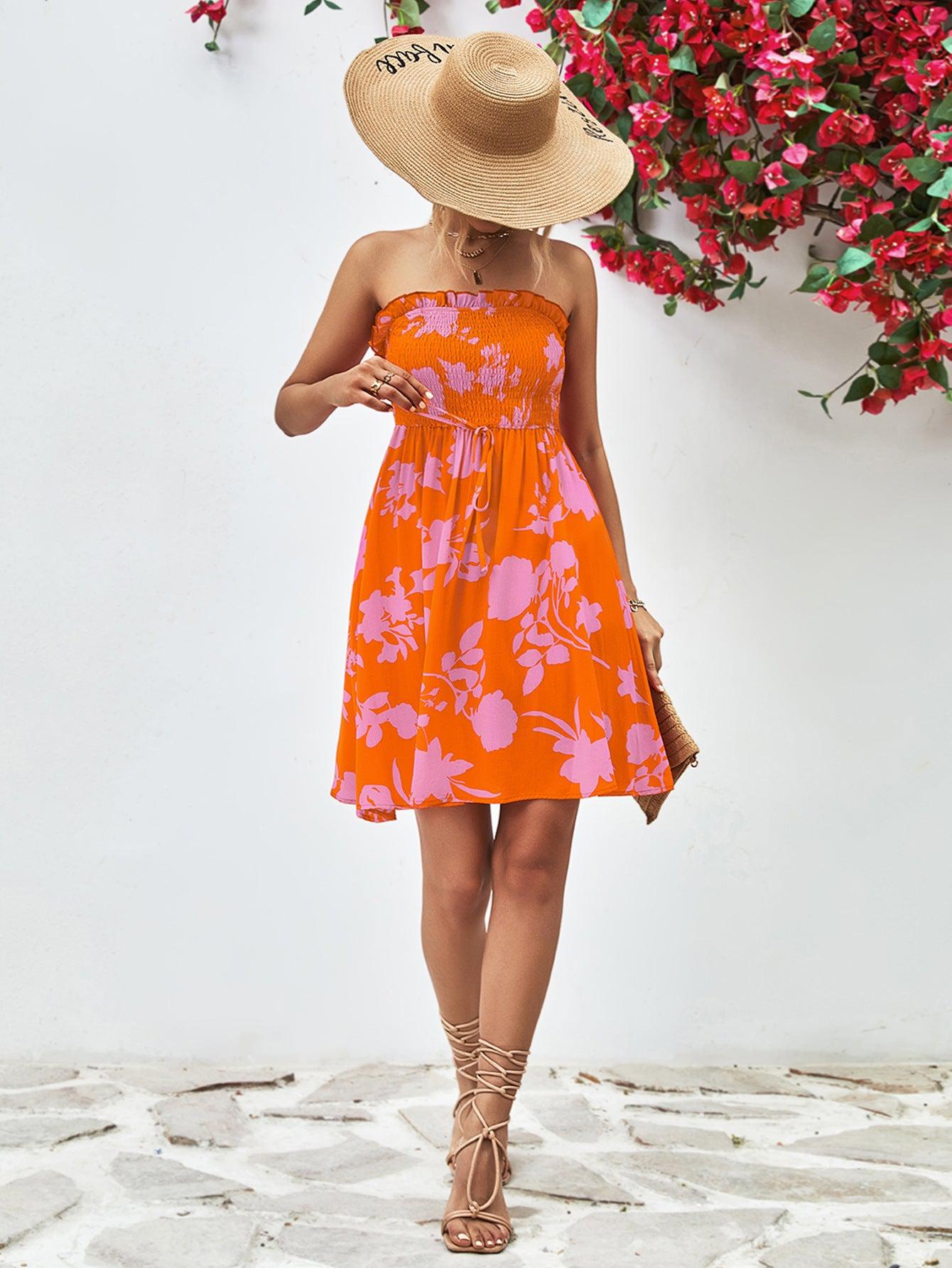 Floral Frill Trim Strapless Smocked Dress BLUE ZONE PLANET