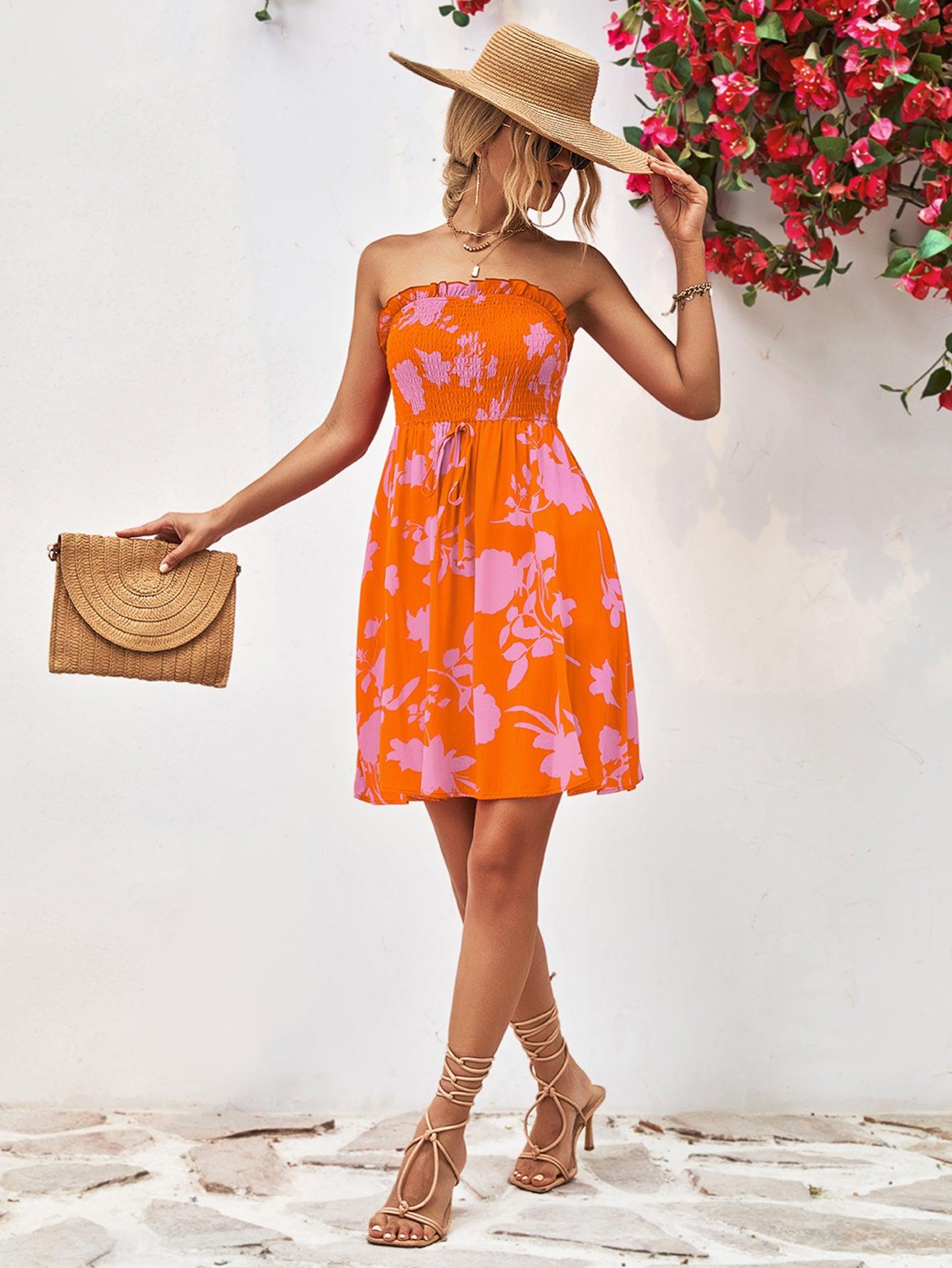 Floral Frill Trim Strapless Smocked Dress BLUE ZONE PLANET