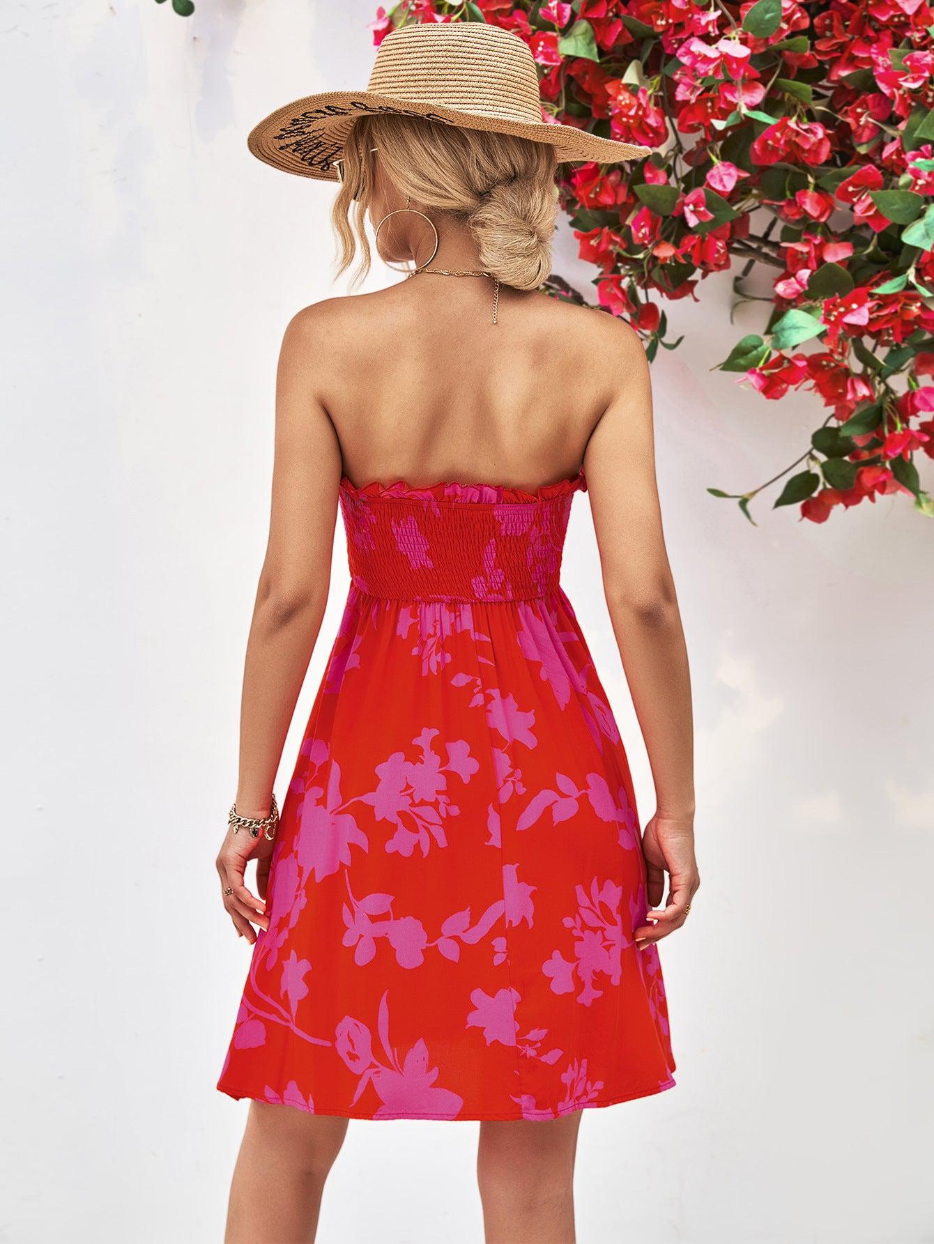 Floral Frill Trim Strapless Smocked Dress BLUE ZONE PLANET