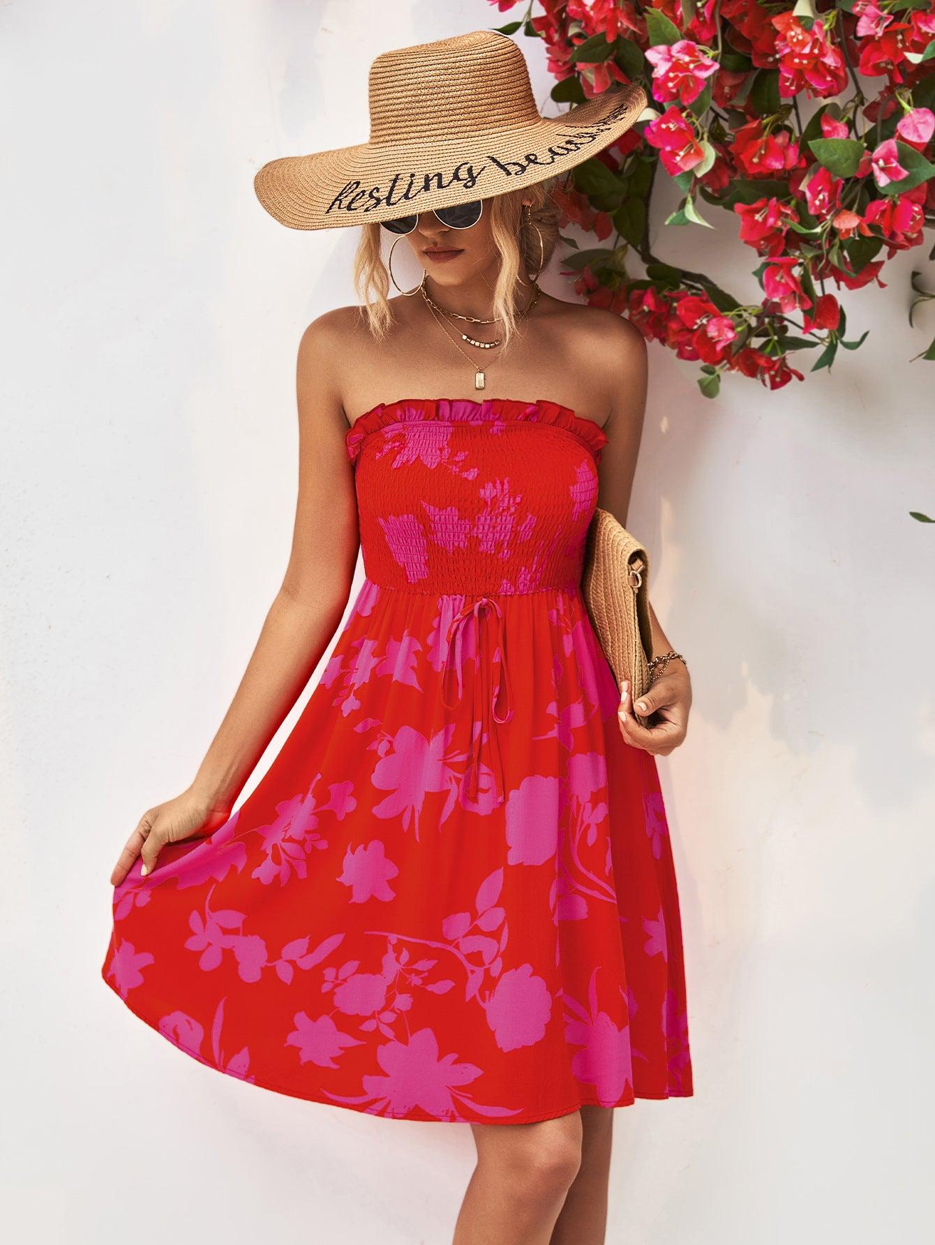 Floral Frill Trim Strapless Smocked Dress BLUE ZONE PLANET