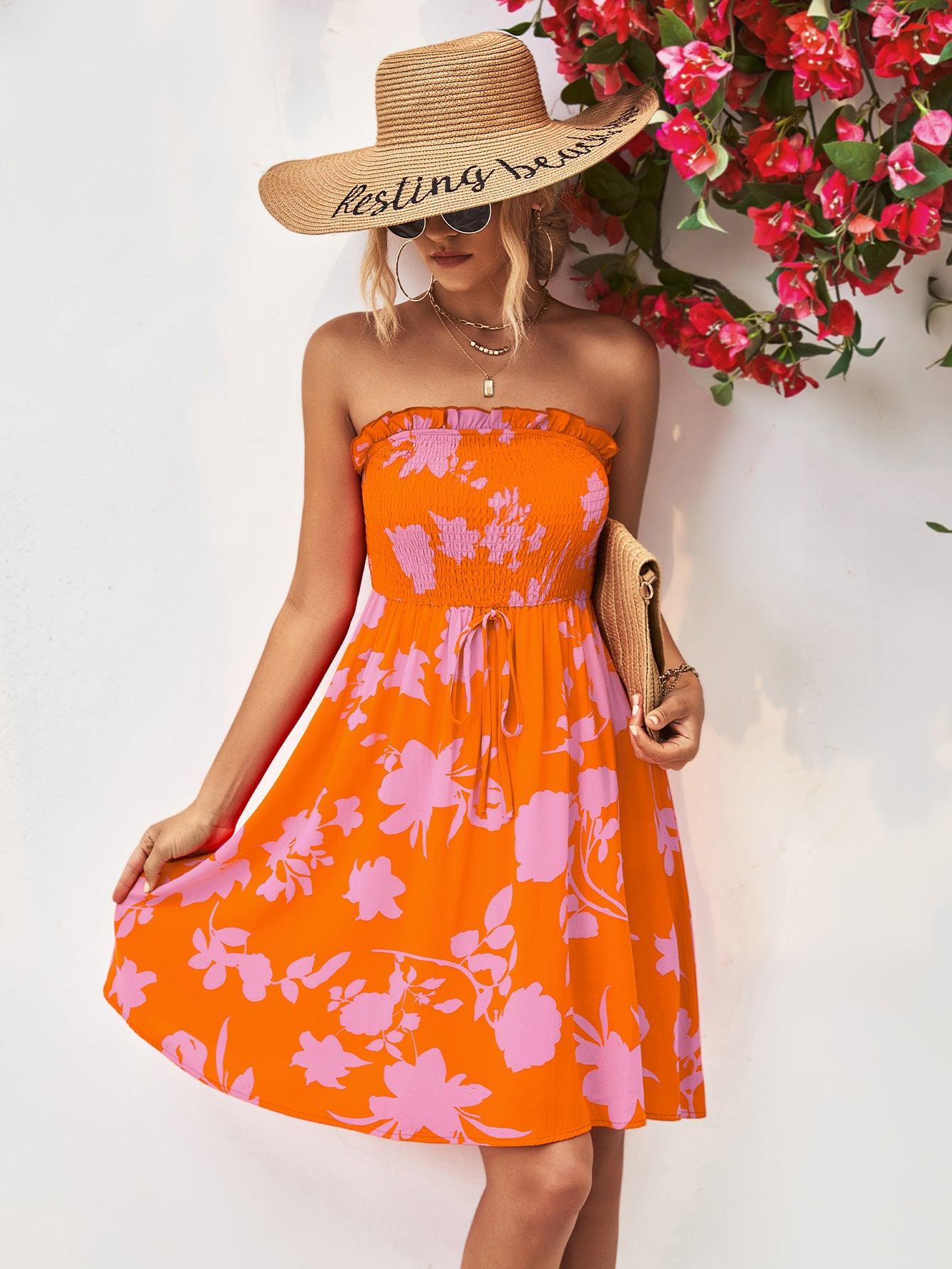 Floral Frill Trim Strapless Smocked Dress BLUE ZONE PLANET