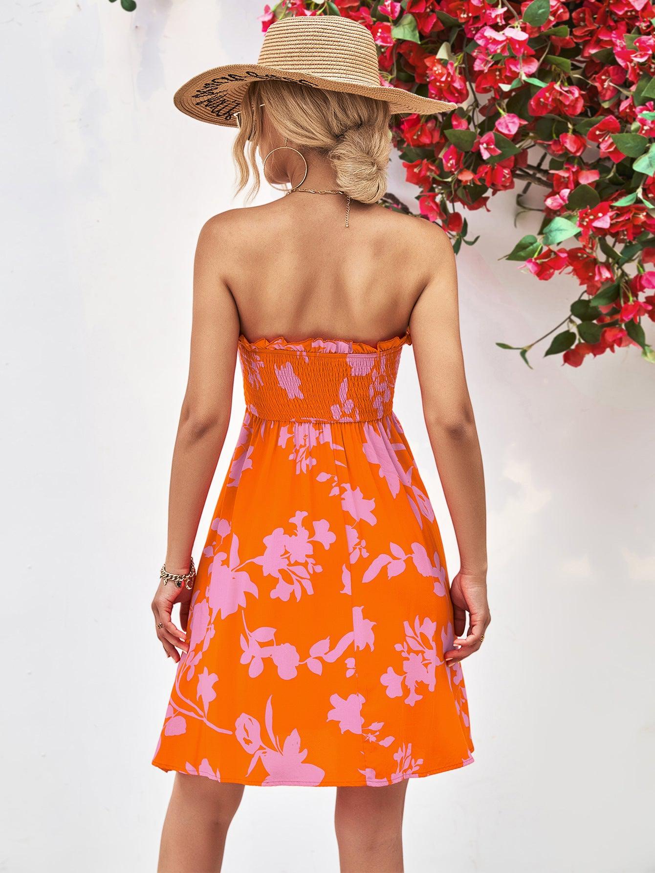 Floral Frill Trim Strapless Smocked Dress BLUE ZONE PLANET
