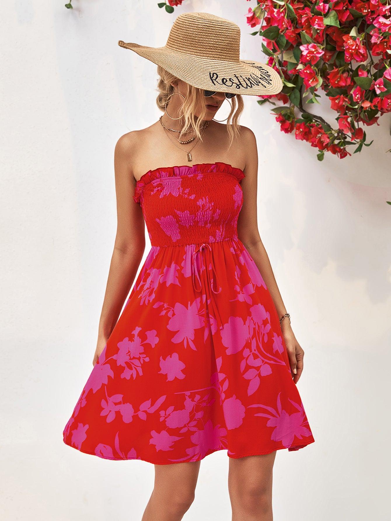 Floral Frill Trim Strapless Smocked Dress BLUE ZONE PLANET