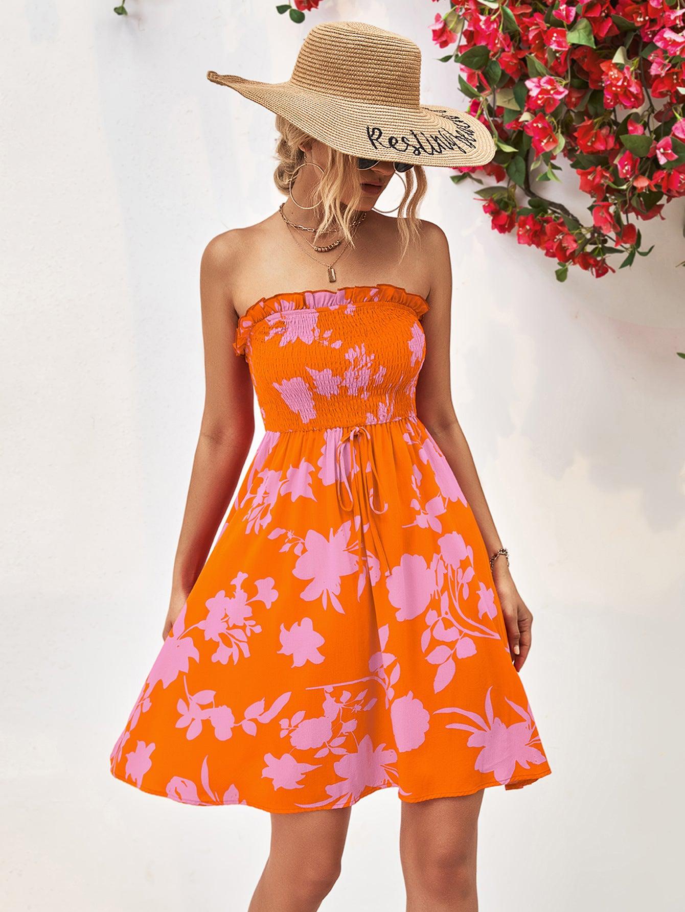 Floral Frill Trim Strapless Smocked Dress BLUE ZONE PLANET