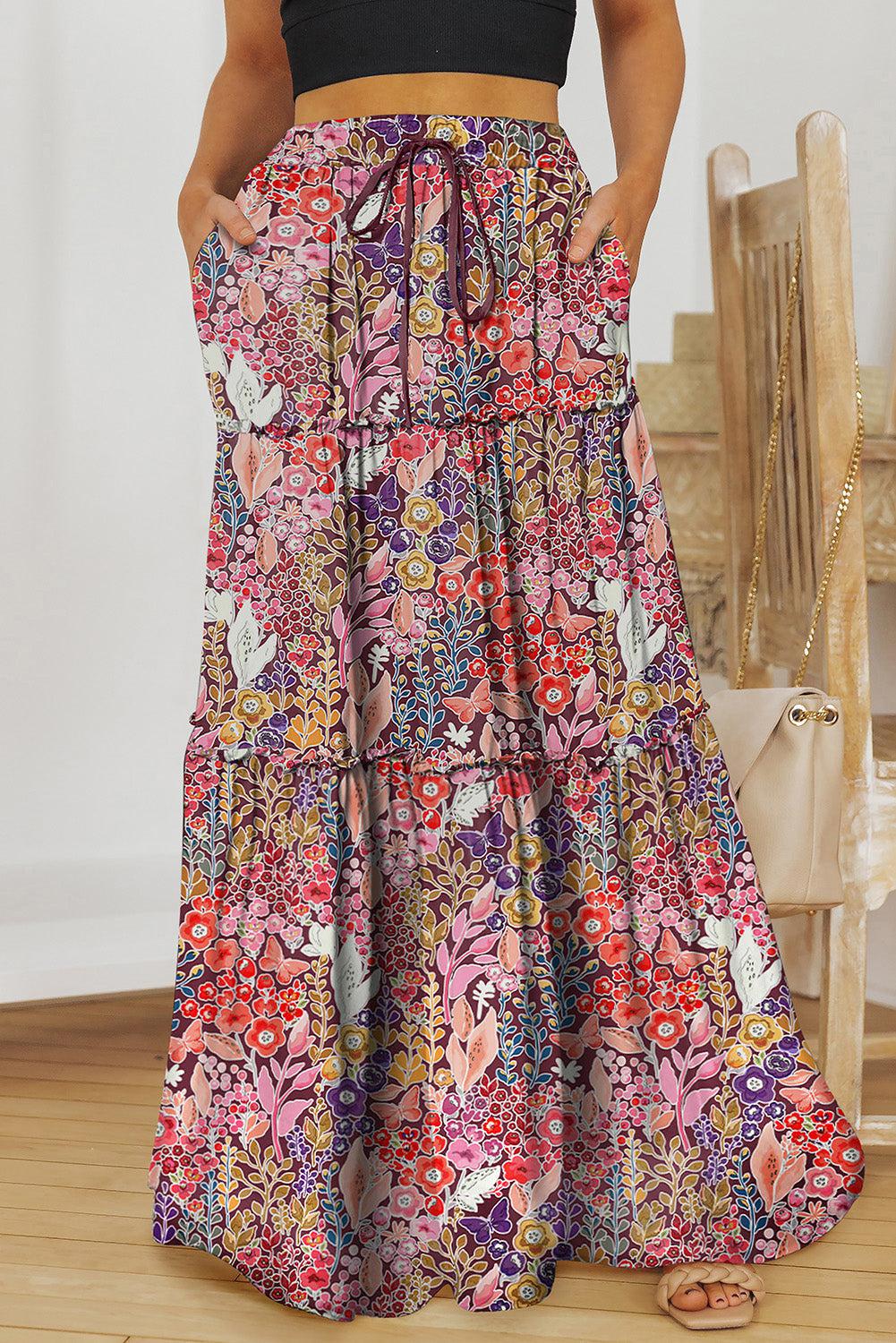 Floral Frill Trim Tiered Maxi Skirt BLUE ZONE PLANET