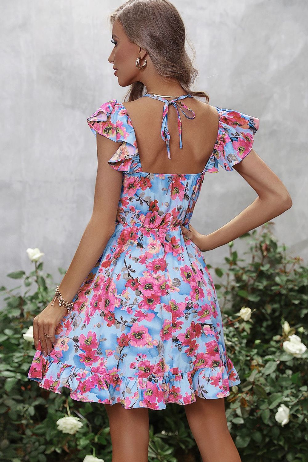 Floral Halter Neck Ruffle Hem Dress BLUE ZONE PLANET