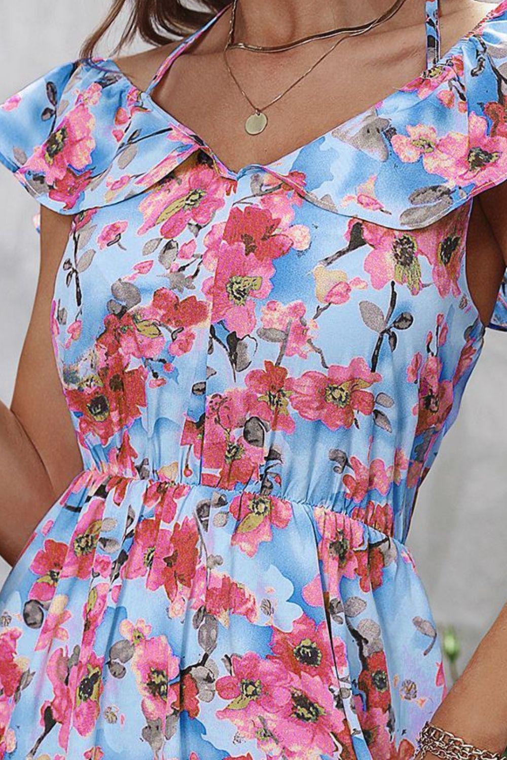 Floral Halter Neck Ruffle Hem Dress BLUE ZONE PLANET