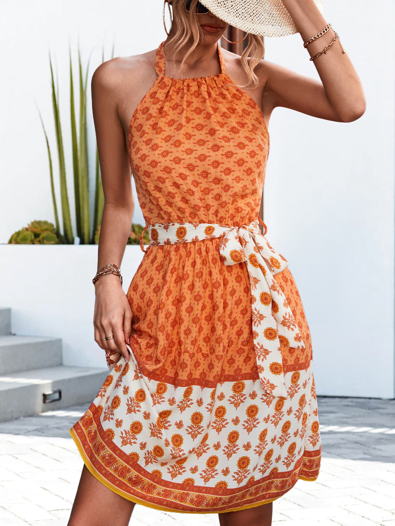 Floral Halter Neck Tie Waist Dress BLUE ZONE PLANET