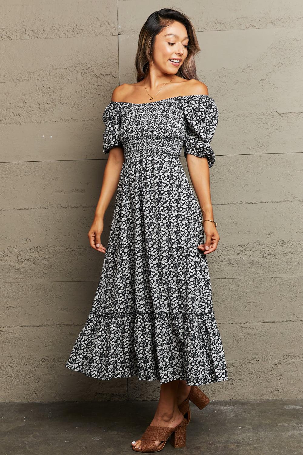 Floral Lace-Up Off-Shoulder Midi Dress BLUE ZONE PLANET