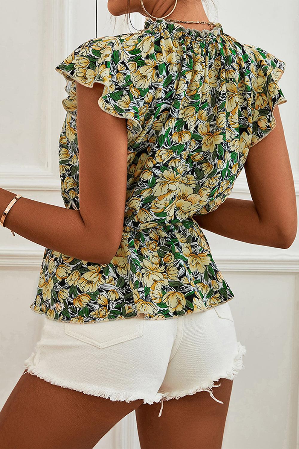 Floral Mock Neck Flutter Sleeve Peplum Top BLUE ZONE PLANET