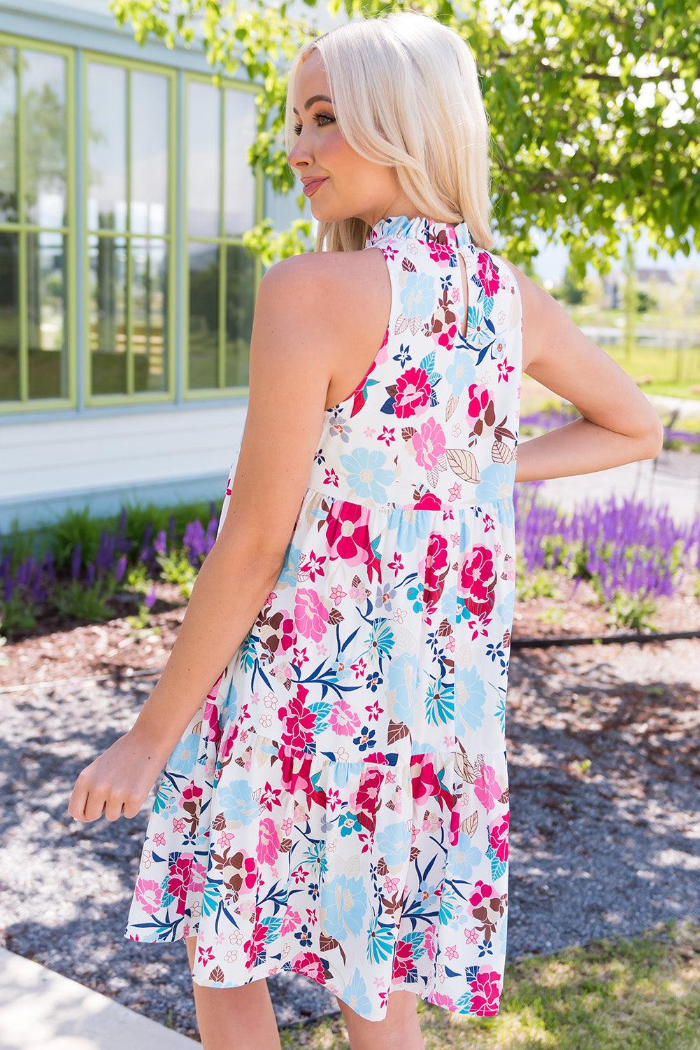 Floral Mock Neck Sleeveless Tiered Dress BLUE ZONE PLANET